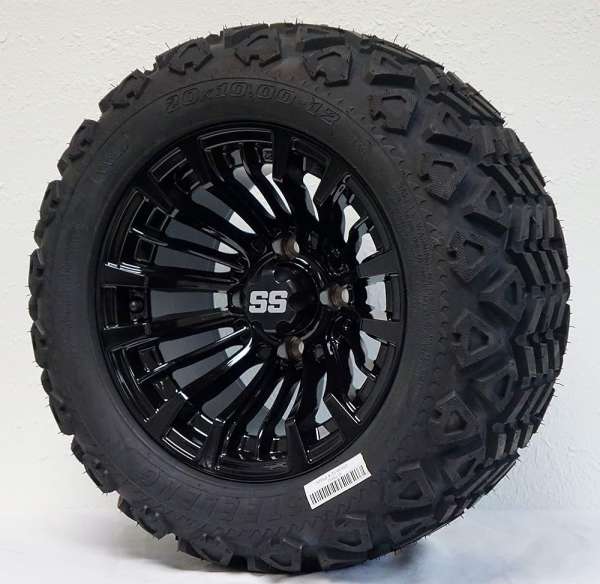 12" Matador Gloss Black Wheels and 20x10-12 All Terrain Tires Combo - Set of 4