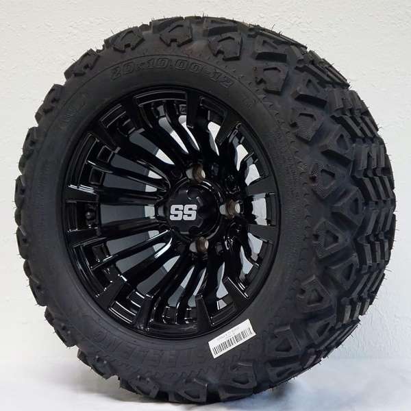 12" Matador Gloss Black Wheels and 20x10-12 All Terrain Tires Combo - Set of 4