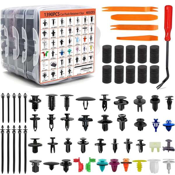 1595Pcs Car Retainer Clips & Door Panel Trim Clamp Kit -40 Most Popular Sizes Nylon Bumper Fender Rivets Kit with 10 Cable Ties for GM Ford Toyota Honda Chevrolet BMW Benz Audi...