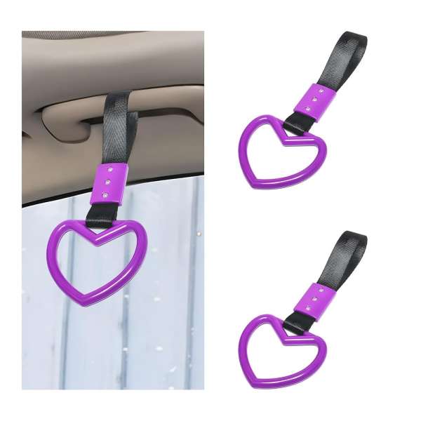 2 PCS Heart Shaped Car Hand Straps, Car Rear Bumper Warning Rings and Interior Decoration, Tsurikawa Rings Heart Handle for Car SUV Subway Bus, Universal Car Accessories (Purple)