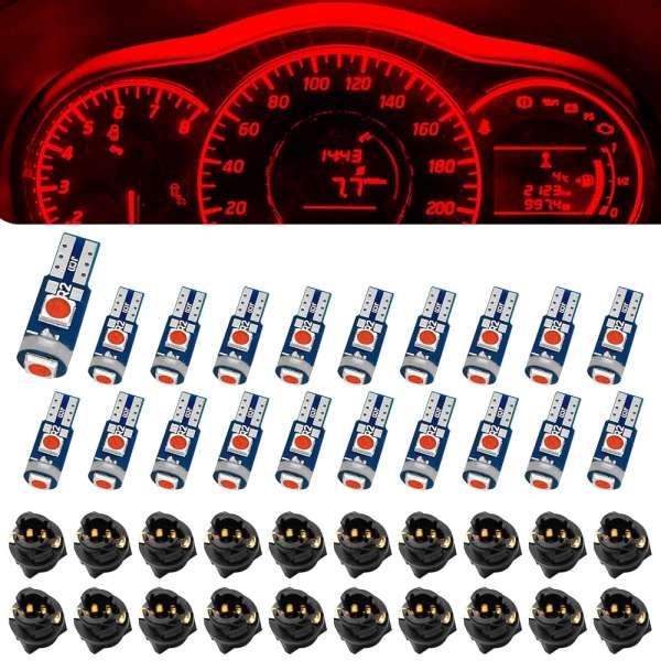 20PCS Led Bulb Dash Lights, T5 37 74 LED Bulb with Twist Lock Socket PC74 PC37, Instrument Cluster Bulbs Kits, Cluster Shift Indicator Bulbs, Car Led Lights Interior (Red)