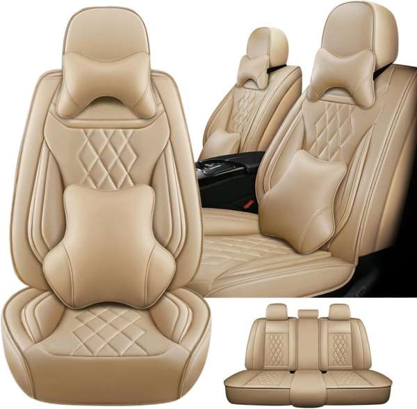 5 Seat Covers for Lexus RX 350 2007-2024,Nappa Leather Car Seat Covers,Car Seat Cushions,Waterproof Soft Car Seat Covers,Airbag Compatible Interior Accessories(Deluxe,Beige)