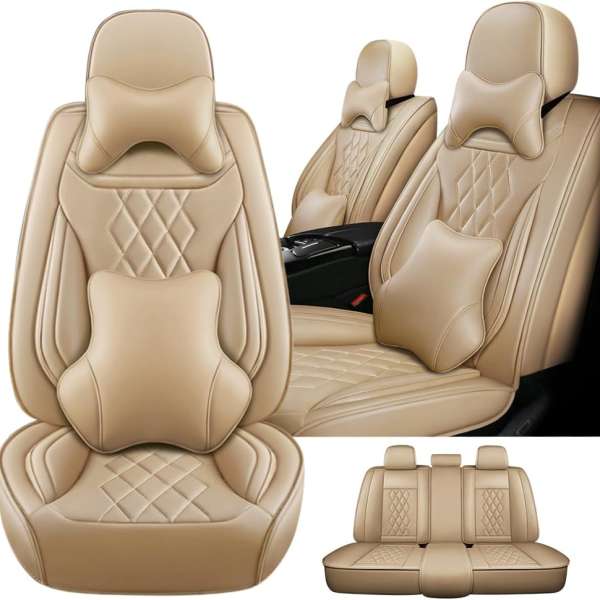 5 Seat Covers for Lexus RX 350 2007-2024,Nappa Leather Car Seat Covers,Car Seat Cushions,Waterproof Soft Car Seat Covers,Airbag Compatible Interior Accessories(Deluxe,Beige)