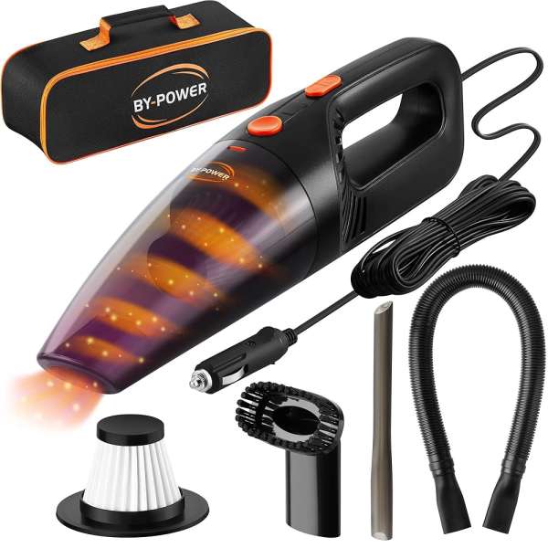 BY-POWER Car Vacuum Cleaner, Portable High Power Mini Handheld Vacuum Cleaner for Wet and Dry Cleaning, Up to 8000 PA, 12V DC, 16 Ft Cord with Bag, Auto Accessories Kit with 2...