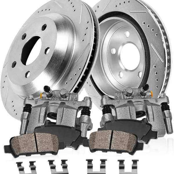 Callahan BRAKE PARTS Rear Brake Kit For 1999 2000 2001 2002 2003 2004 Jeep Grand Cherokee Drilled and Slotted Brake Rotors and Ceramic Brake Pads with Calipers