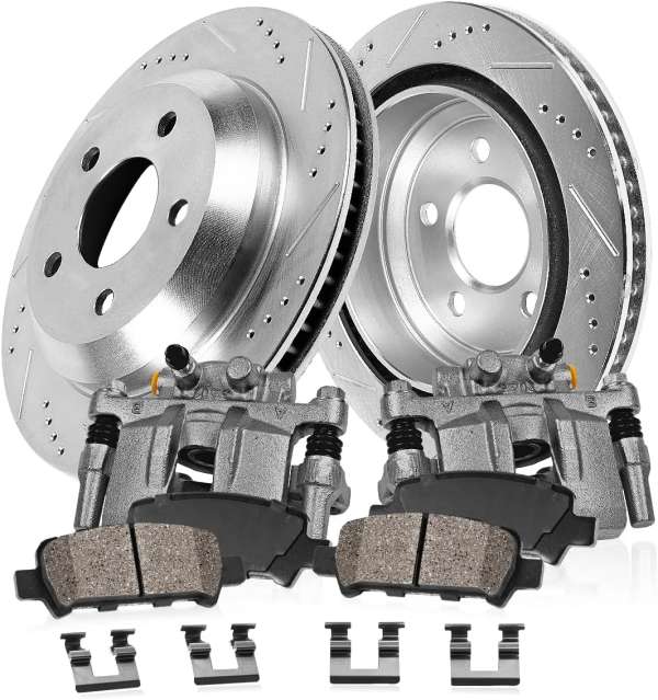 Callahan BRAKE PARTS Rear Brake Kit For 1999 2000 2001 2002 2003 2004 Jeep Grand Cherokee Drilled and Slotted Brake Rotors and Ceramic Brake Pads with Calipers