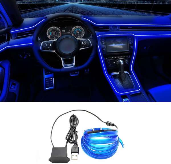 EL Wire Interior Car LED Strip Lights, 16.5FT USB Neon Glowing Strobing El Wire Strip with 6mm Sewing Edge, Ambient Lighting Kits for Car Inside Decorations (Blue)