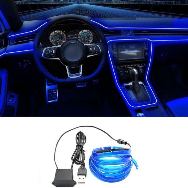 EL Wire Interior Car LED Strip Lights, 16.5FT USB Neon Glowing Strobing El Wire Strip with 6mm Sewing Edge, Ambient Lighting Kits for Car Inside Decorations (Blue)