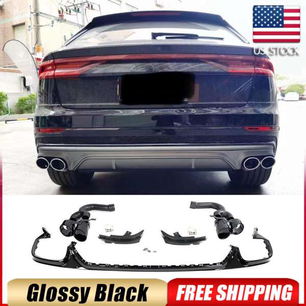 For Audi Q8 SQ8 2019-2022 Black Rear Bumper Diffuser Lip W/Exhaust Trim Tips