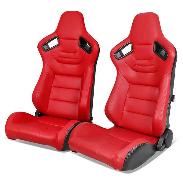 IKON MOTORSPORTS, Universal Racing Seats Pair with Dual Sliders, Red PU & Carbon Leather Reclinable Left Right