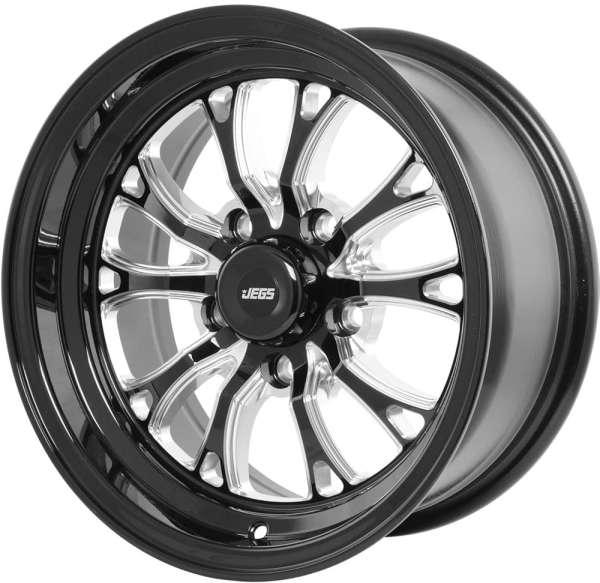 JEGS SSR Spike Wheel 15 x 7 | 5 x 4.75” Wheel Bolt Pattern Spacing | 0 mm Offset | 4.0” Backspacing | Gloss Black with MiIled Spoke Accents | 3.27” Center Bore