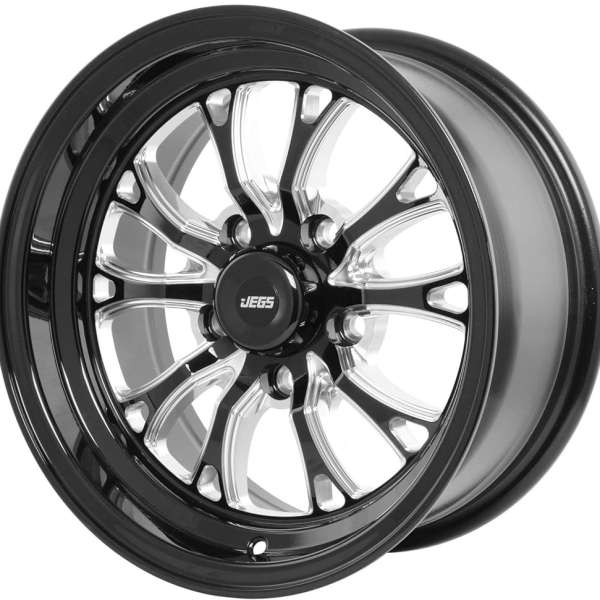 JEGS SSR Spike Wheel 15 x 7 | 5 x 4.75” Wheel Bolt Pattern Spacing | 0 mm Offset | 4.0” Backspacing | Gloss Black with MiIled Spoke Accents | 3.27” Center Bore