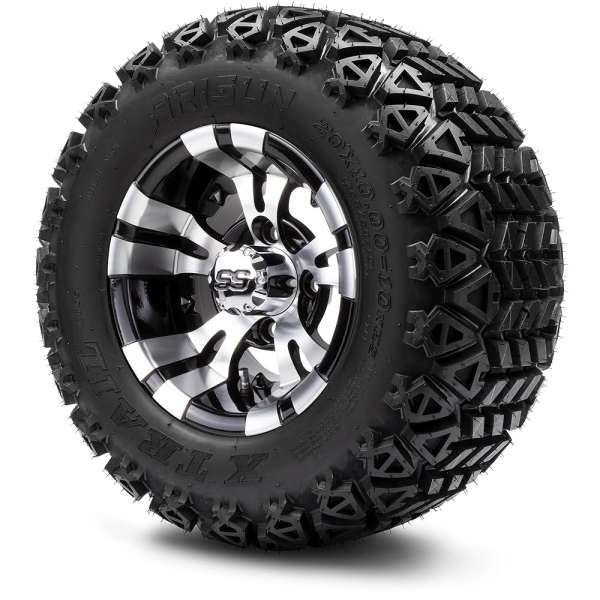 MODZ Vampire Machined Black 10" Golf Cart Wheels and Arisun X-Trail (20x10-10) All-Terrain Golf Cart Tires Combo - Set of 4