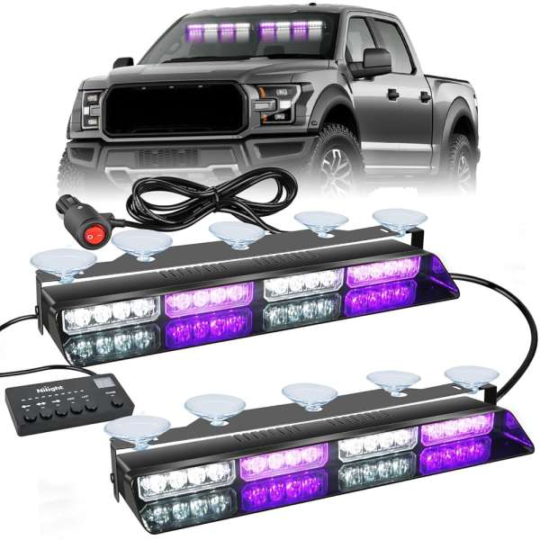 Nilight 32LED Purple White Emergency Dash Strobe Lights with Controller Suction Cups Warning Hazard Interior Front/Rear Windshield Deck Split Light Bar for Truck Construction...