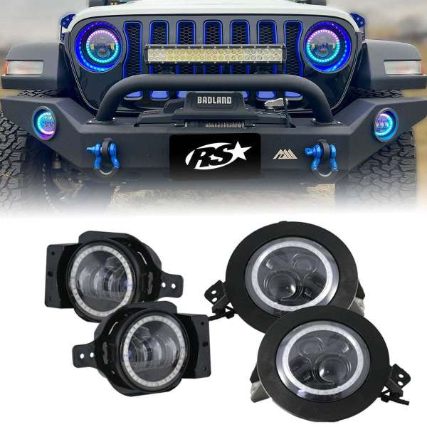 Race Sport RS9JL4-C 9 in. Headlight & 4 in. Fog Light Combo Complete RGB Kit