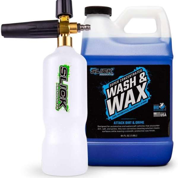 Slick Products Wash & Wax (64 oz.) + Pressure Washer Foam Cannon Bundle - Super Concentrated Car Wash Foam Shampoo for Car, Truck, RV, Motorhome, Toy Hauler, and Boat