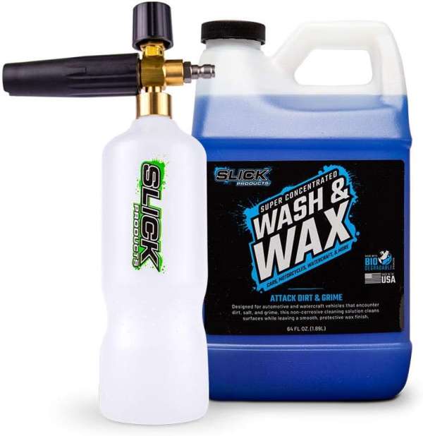 Slick Products Wash & Wax (64 oz.) + Pressure Washer Foam Cannon Bundle - Super Concentrated Car Wash Foam Shampoo for Car, Truck, RV, Motorhome, Toy Hauler, and Boat