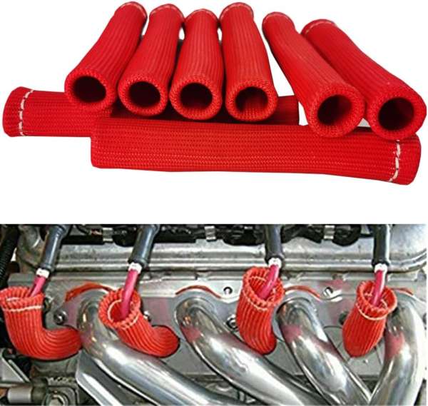 Spark Plug Wire Boots Thermal Protection Insulator Sleeve, 1200 Degree Heat shield Cover Wrap 6 inch for Car Truck 8PCS(red)