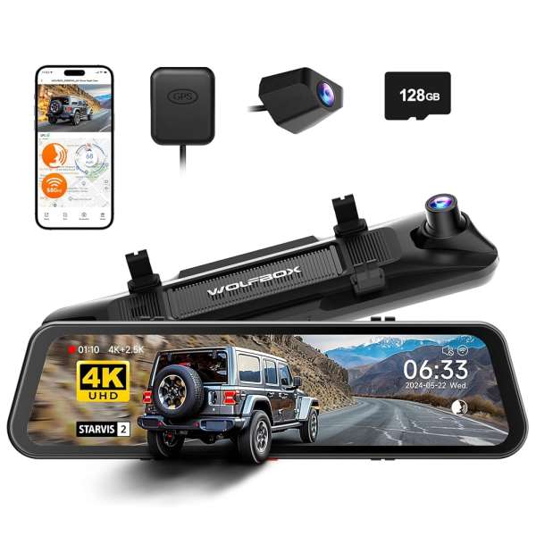 WOLFBOX G900 PRO Mirror Dash Cam with STARVIS 2 IMX678, 12 inches Rear View Mirror Camera with Front 4K and Rear 2.5K, Included 128GB Card, Voice Control, 5.8GHz WiFi, Loop...